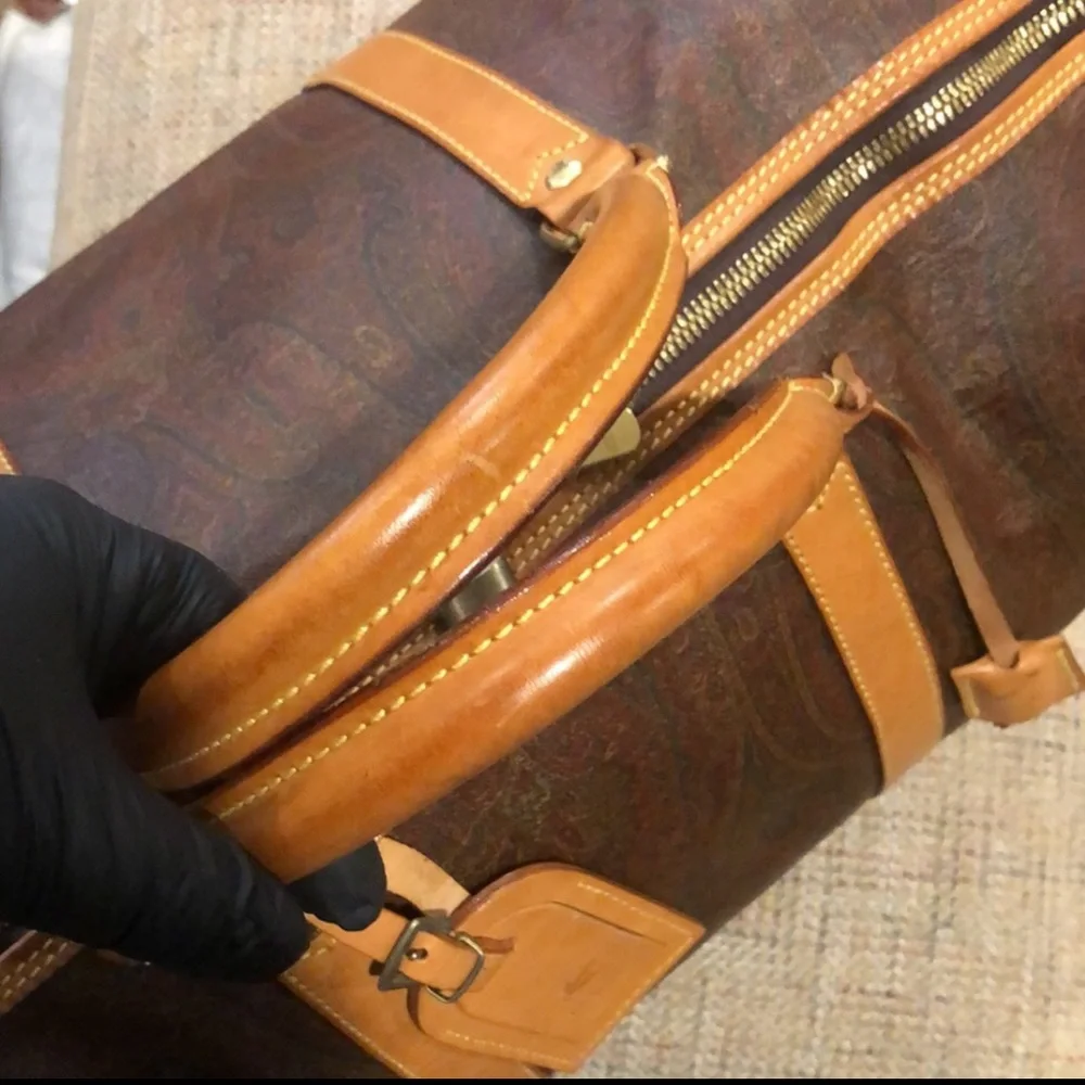 ETRO MILANO Paisley Coated Canvas Vachetta Leather Boston Shoulder Weekend Bag